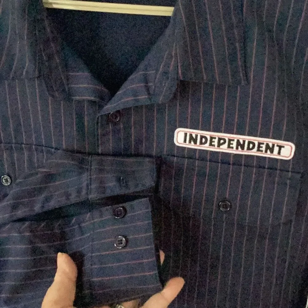 Independent Bar Logo Navy & Red Pinstripe Button Up Shirt Men’s Large - Picture 6 of 10